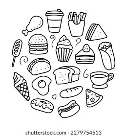 Collection of food doodle illustrations arranged in a circle shape isolated on white background