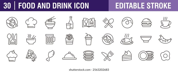 Collection of food and drink icons. Breakfast, juice, fast food, restaurant. Vector design template, signs, symbols, editable stroke.