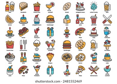 A collection of food and drink icons, including a sandwich, a pizza, a cupcake, a hot dog, a salad, a cake, a drink, a fork, a knife, and a spoon