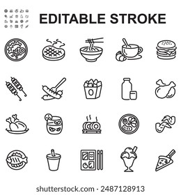 Collection of food and drink icons, made in thin line form.