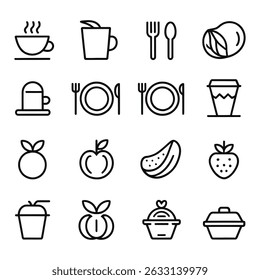 Collection of food and drink icons in outline style for menu design