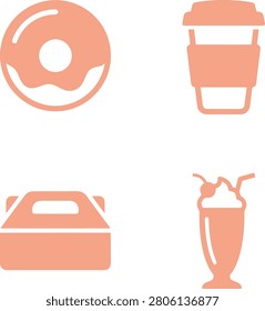 A collection of food and drink items featuring a donut, coffee cup, takeout box, and milkshake