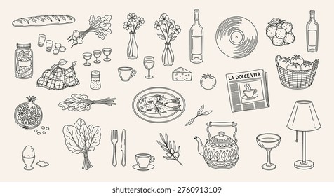 A collection of food and drink items are shown in a line drawing style