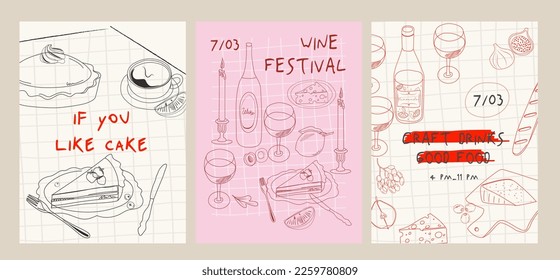 Collection of food and drink posters template. Interior posters. Cooking posters. Invitation poster for restaurant. Editable vector illustration.