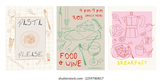 Collection of food and drink posters template. Interior posters. Cooking posters. Invitation poster for restaurant. Editable vector illustration.