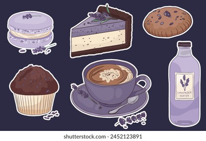 a collection of food and drink stickers showcasing lavender-themed treats such as macaron, slice of cheesecake cake, cookie, cupcake, muffin, cup of coffee and lavender water.