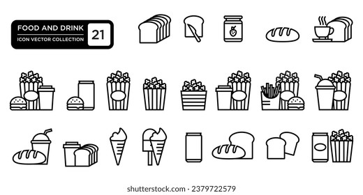 collection of food and drinks. icons, bread, burgers, jam, potatoes, corn, ice cream, drinks, which can be easily edited and resized, logo templates, modern vector graphics.
