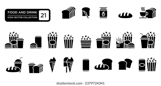 collection of food and drinks. icons, bread, burgers, jam, potatoes, corn, ice cream, drinks, which can be easily edited and resized, logo templates, modern vector graphics.