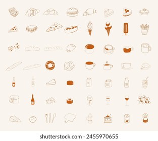 Collection of food and drinks icons. Minimalistic linear icon. Pastries and coffee icon. Fastfood and street food. Editable vector illustration.