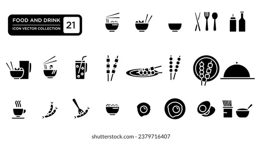 collection of food and drinks. icons, noodles, sausages, eggs, coffee, sauce, meatballs, satay, bowls, which can be easily edited and resized, logo templates, modern vector graphics