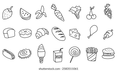 A collection of food and fruit doodle vector illustrations in the style of outline, linear, hand-drawn sketch art
