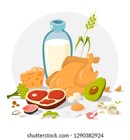 Collection of food full of protein. Cheese and chicken, milk and tuna. Healthy organic food. Isolated flat vector illustration