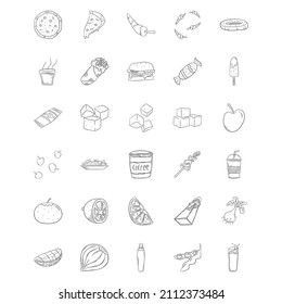 Collection Of Food Handdrawn Outline Elements Design With Pizza, Doughnut, Candy, Lemon, Coffee, Burger, Chilli. Perfect for Websites, Advertisements, Banners, Posters, Billboards, Templates, Logos.