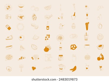 Colección de íconos de comida. Desayuno, cena, comida saludable, café, panadería, iconos de restaurantes. Ilustración vectorial editable.