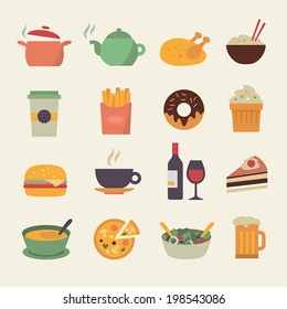 Collection Of Food Icons In Flat Design Style.