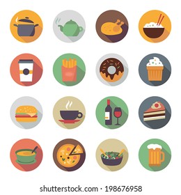 Collection of food icons in flat design style.