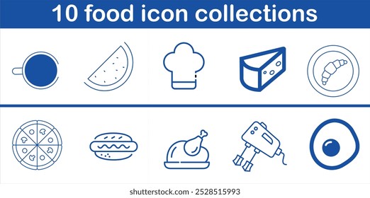 A collection of food icons including a chef, a pizza, a sandwich, a cup, a knife, a spoon, a bowl, a cake, a knife, a spoon, a cup, a bowl, a knife, a spoon, a cup