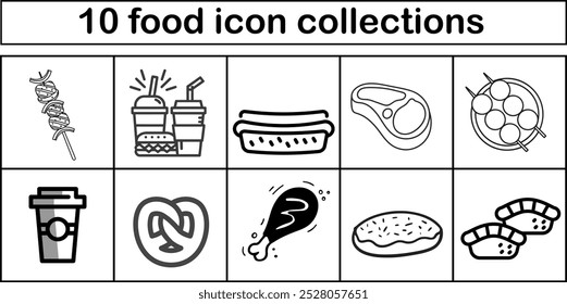 A collection of food icons including a cup, a hot dog, a sandwich, a donut, a cupcake, a cup of coffee, a bowl of food, a piece of meat, a piece of chicken, and a piece of fish