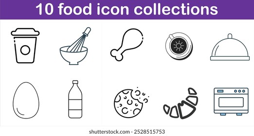 A collection of food icons including a cup, bowl, and spoon. The icons are all white and black