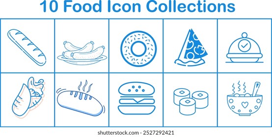 A collection of food icons, including a donut, a sandwich, a pizza, and a bowl of soup