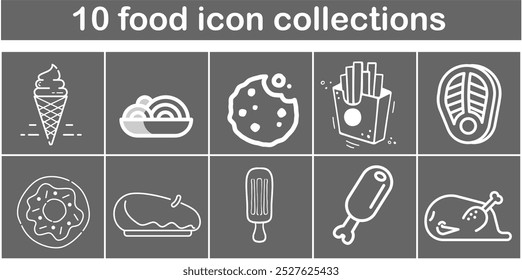 A collection of food icons, including a donut, a bowl of pasta