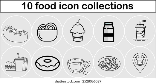A collection of food icons including a donut, cupcake, and a hot dog. The collection is a mix of sweet and savory items