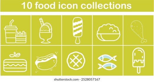 A collection of food icons including a hot dog, a fish, a bowl of soup, and a cup of coffee