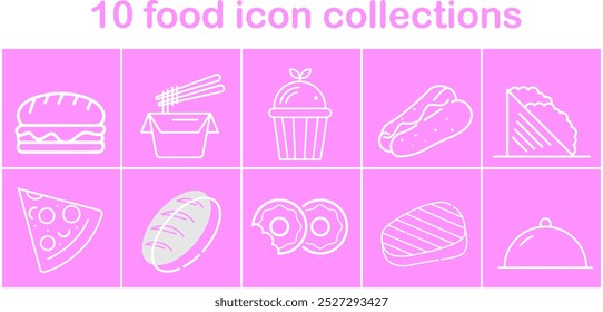 Una colección de íconos de comida, incluyendo pizza, sándwiches y cupcakes. Los iconos están dispuestos en un patrón de cuadrícula, con cada icono que representa un tipo diferente de comida. La escena es casual y divertida