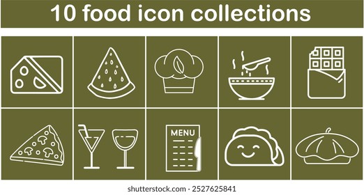 A collection of food icons including a pizza, a bowl of soup, a menu