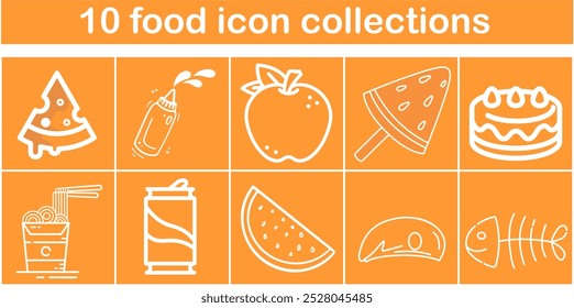 A collection of food icons, including pizza, apples, and fish. The collection is orange and white