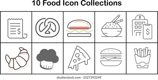 A collection of food icons including a sandwich, a pizza, a bowl of rice, a hot dog, a bag of chips, a cupcake, a donut, a bowl of soup, a piece of cake, and a piece of bread