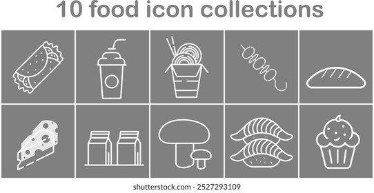 A collection of food icons including a sandwich, cupcake, and a cup of coffee. The icons are arranged in a grid pattern