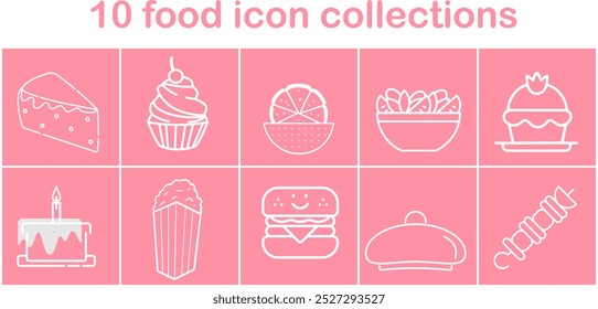 Uma coleção de ícones de alimentos, incluindo um sanduíche, um cupcake, uma tigela de salada e uma tigela de sorvete