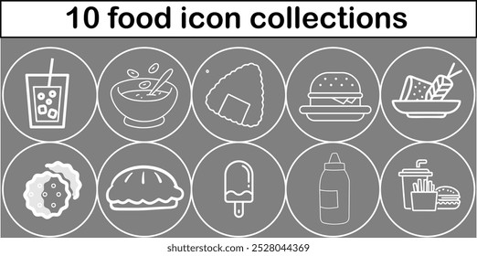 A collection of food icons including a sandwich, a bowl of soup, a cup of coffee, and a bottle of milk