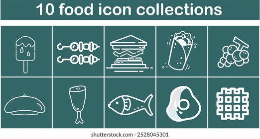 A collection of food icons including a sandwich, a waffle, a fish, and a sandwich
