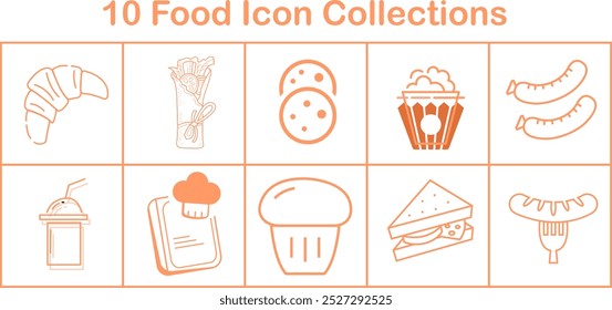 Una colección de íconos de comida, incluyendo sándwiches, pasteles y bebidas. Los iconos están dispuestos en una cuadrícula, con cada icono que representa un tipo diferente de comida. La escena es alegre y acogedora