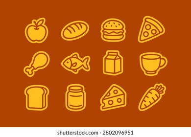 Collection of Food Icons and Items in Flat Design on Orange Background