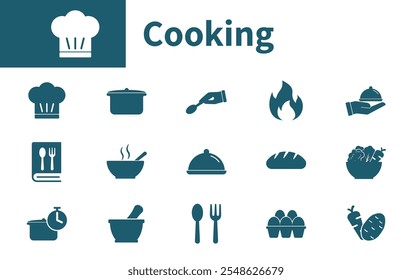 Collection of food icons, pot, soup, spoon and fork, healthy food, food ingredients, kitchen. Solid vector icons about cooking.