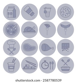 Collection of food icons of various culinary items. Dishes, ingredients, and utensils, organized in line format
