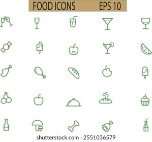 collection of food icons in vector form, food items i e apples, glasses graps, bottles etc