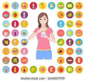 Collection of food icons. Woman eating yogurt and smiling. Healthy cuisine and lifestyle. Vegetables and fruits, junk meal set. Breakfast and dinner, lunch or brunch dishes to consume, vector