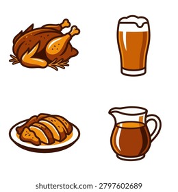 A collection of food illustrations featuring a whole roasted chicken sliced poultry on a plate a glass of beer and a pitcher of gravy.