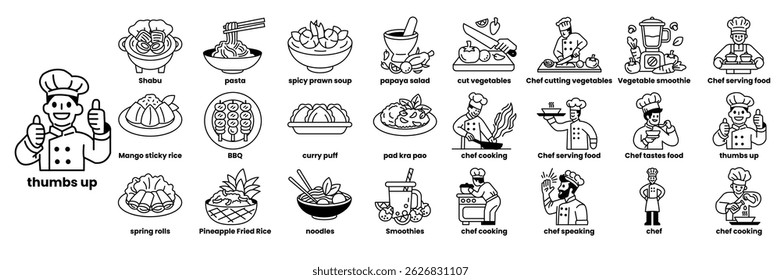 A collection of food images with a chef giving thumbs up. The chef is smiling and the food is colorful and appetizing in line drawing style