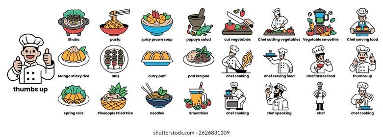 A collection of food images with a chef giving thumbs up. The chef is smiling and the food is colorful and appetizing