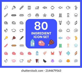 Collection of food and ingredient linear icons and color icons. meat, eggs, chicken, crayfish, seaweed. Set of cook, market symbols drawn with thin contour lines.