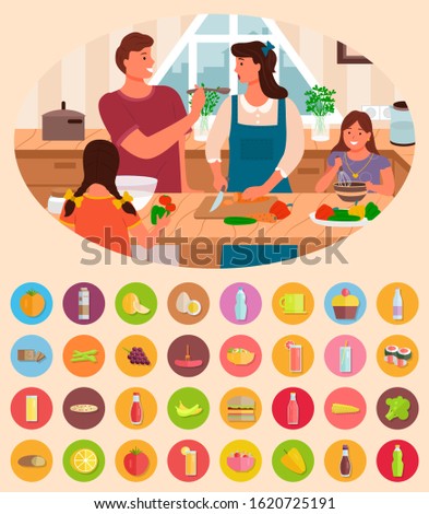 Collection of food and ingredients for dishes. Parents and children preparing dinner or breakfast for family. Man giving woman food to taste. Egg and peach, water bottle, broccoli and tea vector