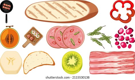 Collection of food ingredients on white background illustration