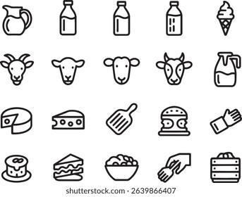 Collection of food items, dairy products, and animals illustration in the outline style. Isolated on a white background.