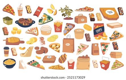 Collection Of Food Items Featuring Various Snacks And Dishes From Pizza Slices And Burgers To Fries And Desserts