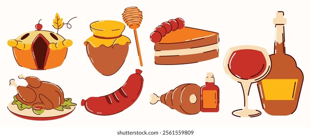 A collection of food items including a pie, cake, sausage, and wine. A bottle of wine is also present